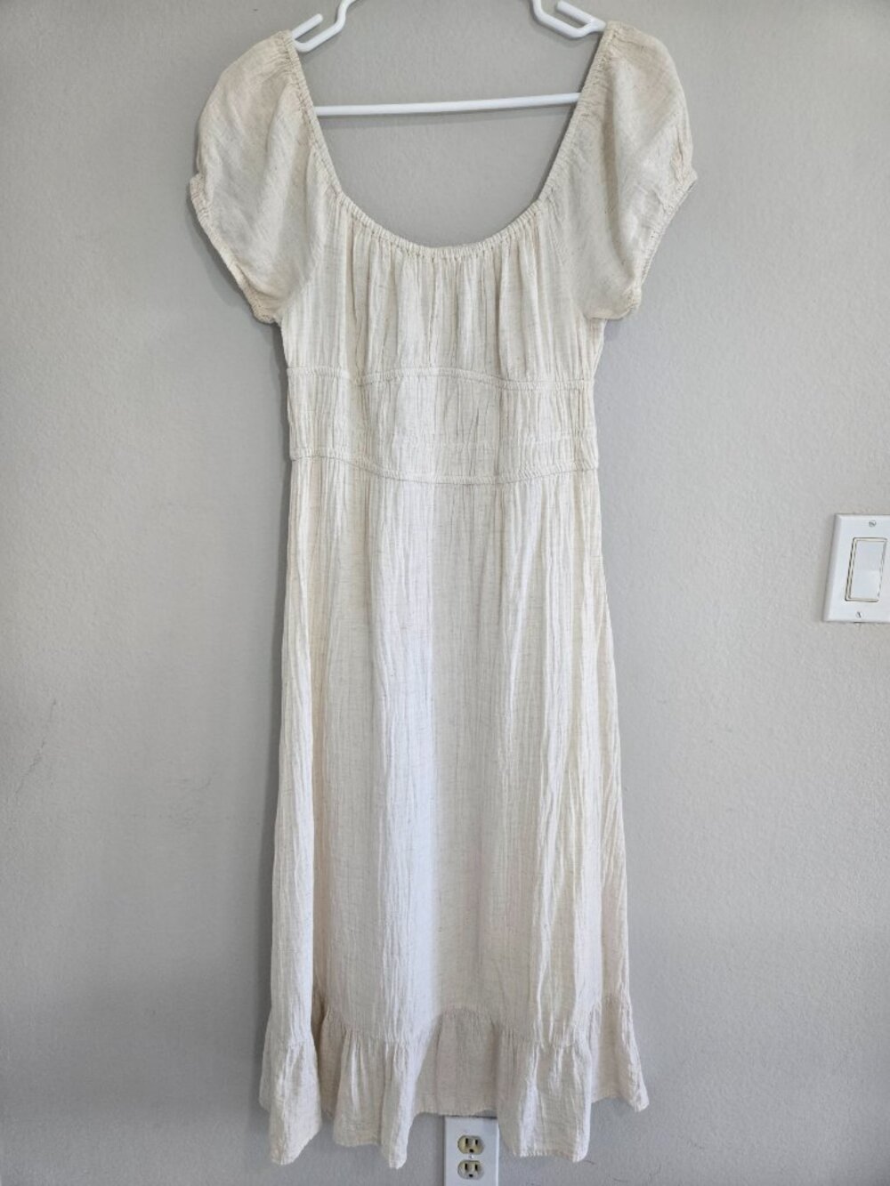 Sim & Sam Natural Linen-Blend Smocked Midi Dress Size Large